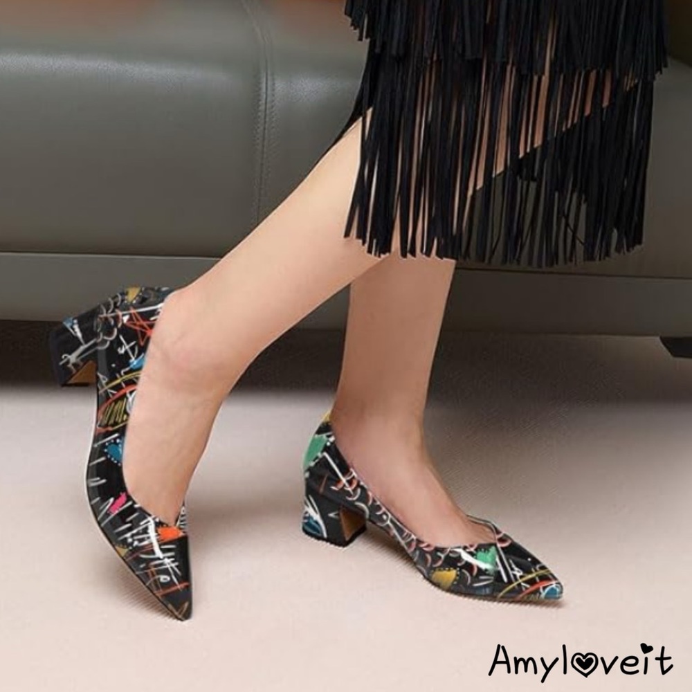 Aachcol Graffiti Chunky Block Heel Pointed Toe Shoes #90